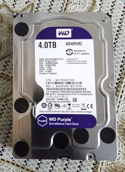 4TB WD Purple Surveillance Hard Drive,Health 100%