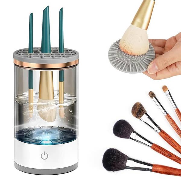 Electric Makeup Brush Cleaner – Automatic Spin Wash & Dry Machine with Silicone Pad, USB Rechargeable Portable Brush Cleaning Device