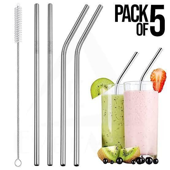 Pack of 5 Stainless Steel Reusable Straws with Cleaning Brush – Eco-Friendly Metal Drinking Straws for Juice, Smoothies & Beverages