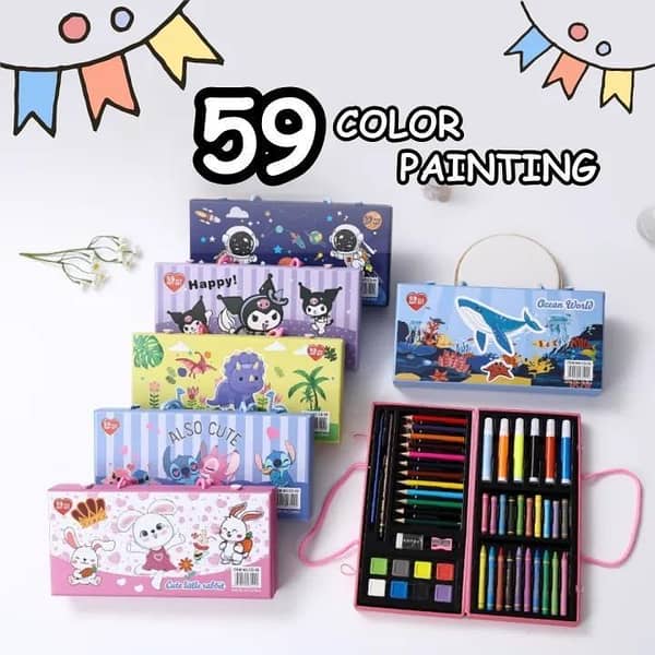 59-Piece Kids Art Coloring Set – Drawing & Painting Kit with Crayons, Markers, Pencils & Watercolors in a Portable Box