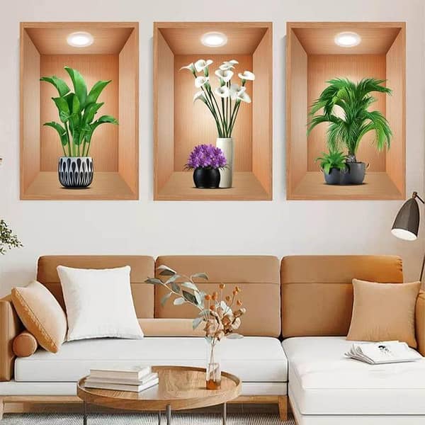 3Pcs 3D Wall Sticker Flower Pot Set – Self-Adhesive Decorative Wall Decals for Living Room, Bedroom & Office