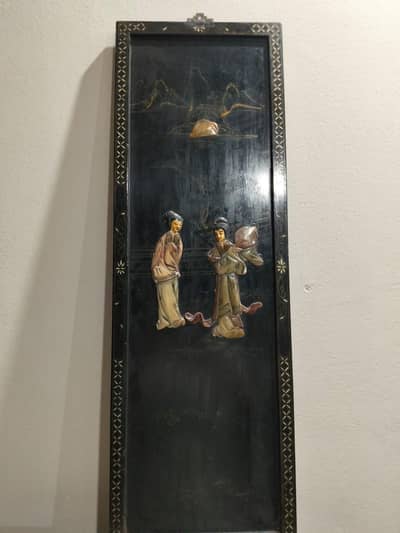 Vintage East Asian Black Lacquer Wall Panel with Raised Figurines