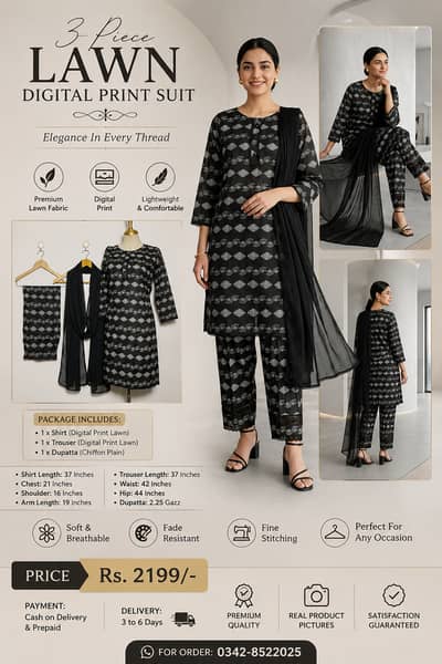 Midnight Elegance 3-Piece Digital Print Lawn Suit with Chiffon Dupatta