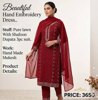 Beautiful Hand Embroidery Dress | Pure Lawn 3 Piece Suit | Ladies Suit