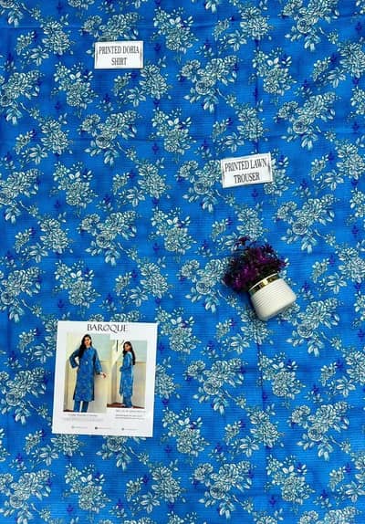 free home delivery, Blue printed Dobby lawn 3 PCs Kurta set