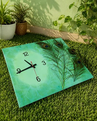 clock painting, hand maded, acralic paint, real peacock  feather ,