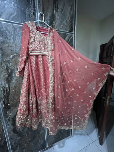 Elegant Maroon/Mehndi Wear Embroidered Maxi Dress with Dupatta