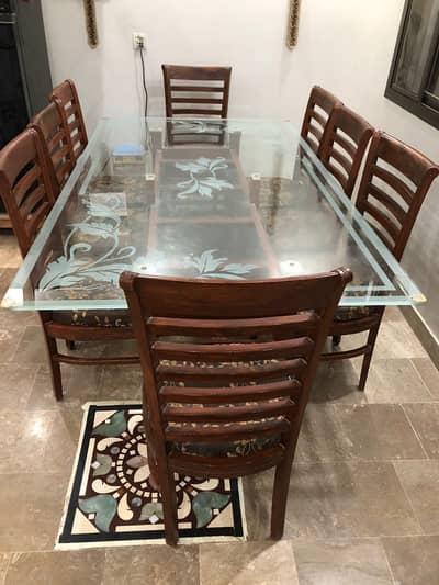 8-Seater Solid Wood Dining Table with Designer Glass Top