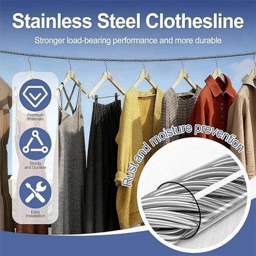 5M Stainless Steel Clothesline Wire Rope with Carabiner Hooks | Heavy Duty Steel Cloth Drying Rope | Rustproof Laundry Hanging Cable for Indoor & Outdoor Use