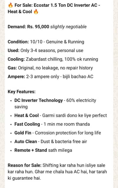 EcoStar 1.5 Ton split DC inverter AC