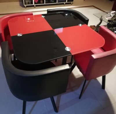 4-Seater Glass Top Dining Set – Red & Black Modern Design
