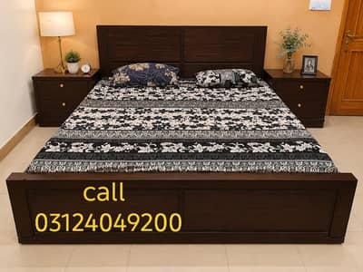 slightly used wooden bed with two side tables