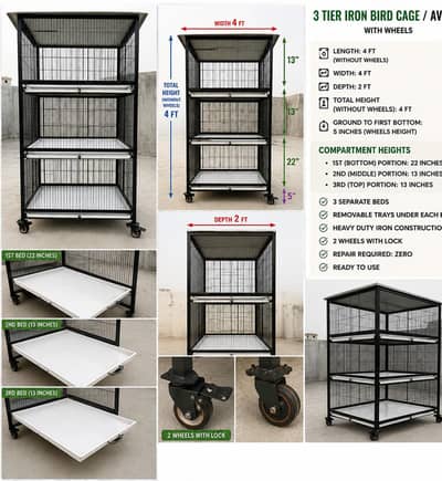 Heavy Duty Triple Story Iron Bird Cage / Aviary with Wheels,