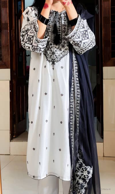 Lawn 3 piece suit in black and white colour