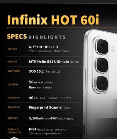 Infinix hot 60i 6+4gb ram 128gb storage