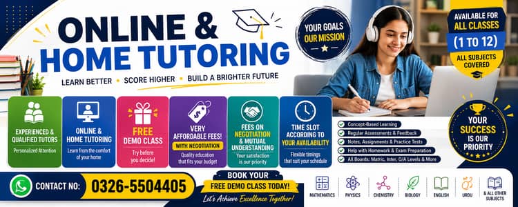 Online and Home tutor available for all classes (1-12)