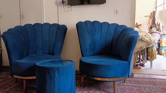 Elegant Blue Velvet Accent Chairs with Ottoman – Excellent Condition