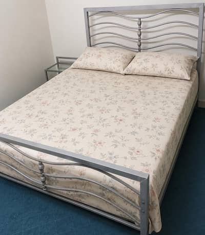 Iron rod queen size bed with side tables