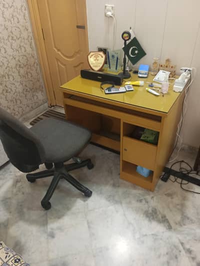 study table with glass and revolving chair set good condition