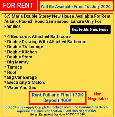 6.5 Marla Double Storey House For rent At Poonch Road Lahore