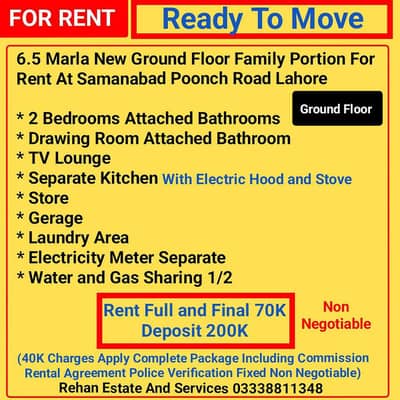 6.5 Marla New Ground Floor For Rent At Poonch Road Samanabad