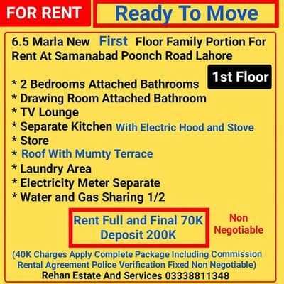 1st Floor Family Portion For Rent At Link Poonch Road Lahore
