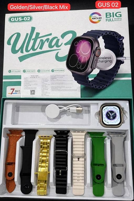 GUS-02 Smart Watch ULTRA 3 Original AMOLED Display - 7-in-1 Combo Pack with 7 Premium Straps | All-in-One Smartwatch for iOS & Android"