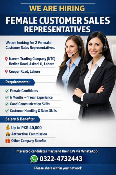 Female Customer Sales Representative | Female Staff | Jobs