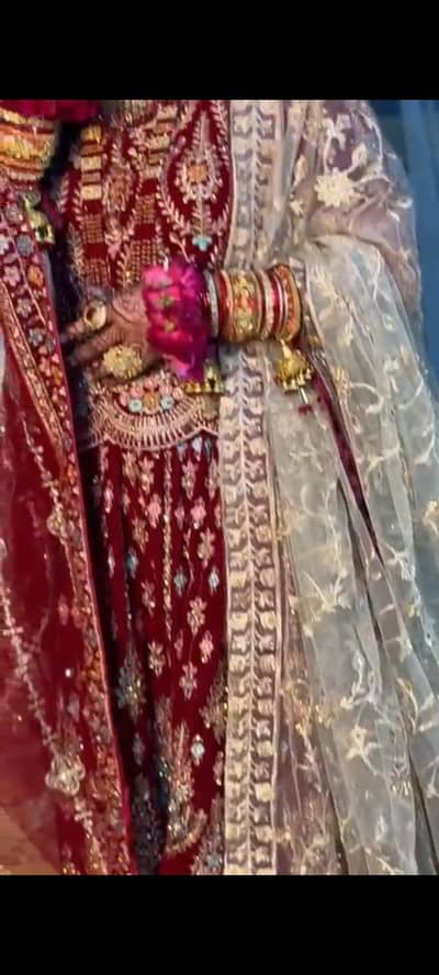 Bridal Red Velvet Lehenga - 2 Dupattas - Size L