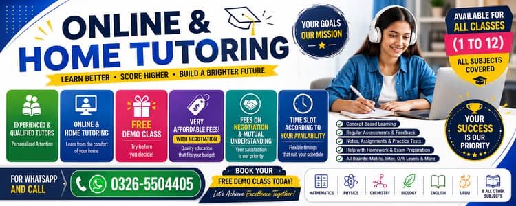 Online and Home tutor available for all classes (1-12)