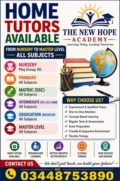 Home Tutors available in Islamabad/Rawalpindi.