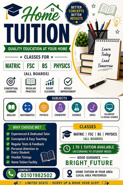 Experienced Home tutors for classes Matric, Fsc ( Physics/Math/ Chem