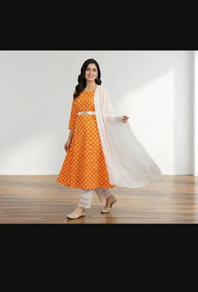 Orange polka dots kurta set with white shawl 