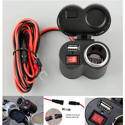 2-in-1 Motorcycle Handlebar USB Charger & Cigarette Lighter Socket- Wa