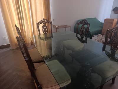 Dining Table Set for Sale – Wooden Carved Design with Glass Top