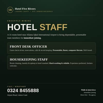 Front Desk Officer & Housekeeping Staff Required