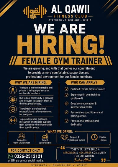 **Female Gym Trainer Required | Al Qawii Fitness Club | Islamabad**