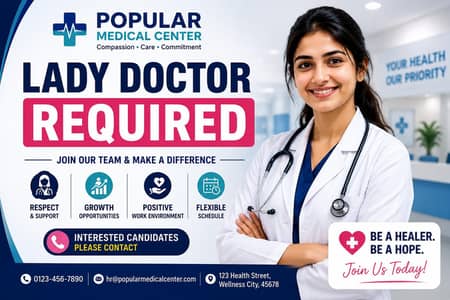 Required Mbbs lady doctor for Popular medical center