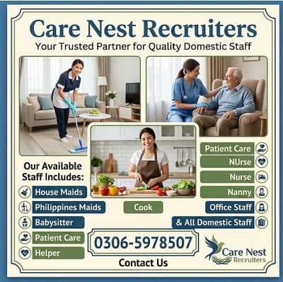 House maids , Maid, Baby Sitter, Chef , Couple , Driver , Patient care