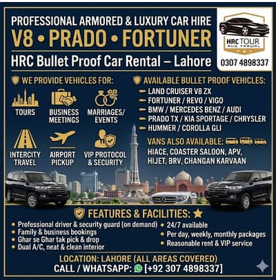 Bulletproof & Luxury Cars for Rent Lahore | V8, Fortuner Available