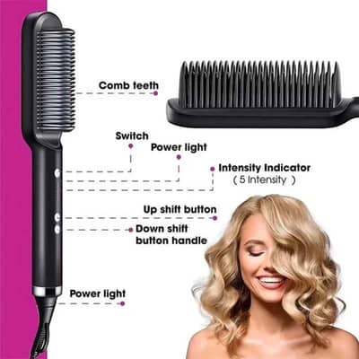 Hair Straightener Brush Black Metal Heat Control
