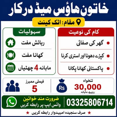 گھریلو کام کاج کے لئے ملازمہ کی ضرورت ہے