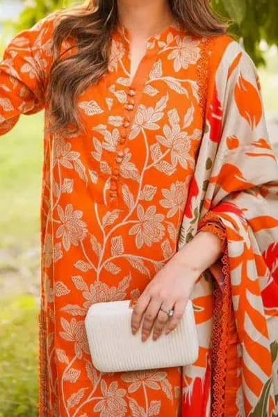 Orange Printed 3-Piece Women's Lawn Suit Set