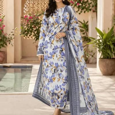 Pakistani Floral Printed Lawn Suit Blue White
