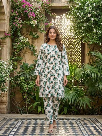 "Pakistani Women's Kurta Pajama Set – Green White Floral Design"