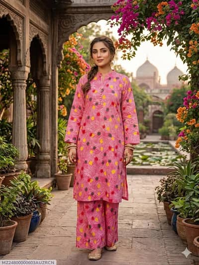 2 Pcs Women's Stitched Cotton Printed Shirt And Trouser