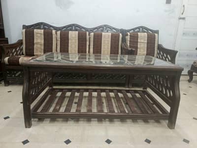 Solid Wood 3+1+1 Sofa Set + Glass Table | 10/10 Condition