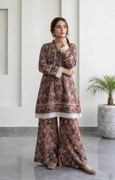2pcs woman's stitched lawn Digital print frock and trouser with milky