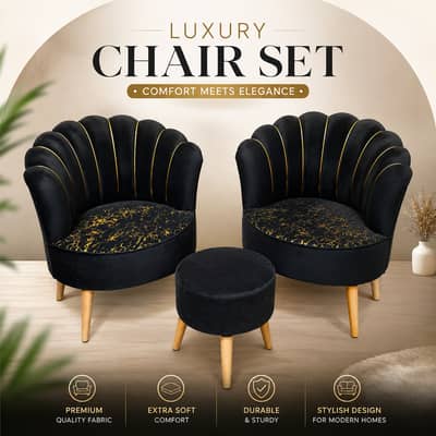 Luxury Chairs Set with Stool – Black Velvet Sofa Chair