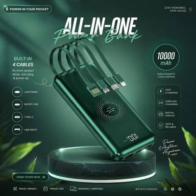 Wireless Charging Power Bank 10000mAh with Built-in Cables